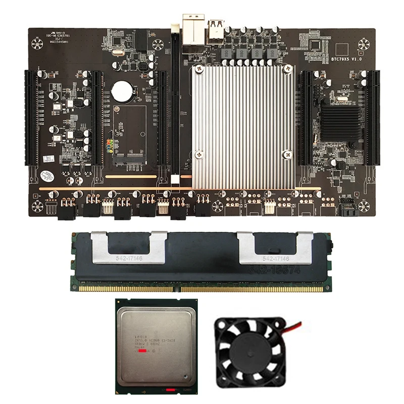 

Материнская плата X79 H61 BTC для майнинга, LGA 2011, 60 мм шаг, поддержка 3060 графики с процессором E5-2620 + 4G DDR3 RECC Серверная ОЗУ + вентилятор ЦП