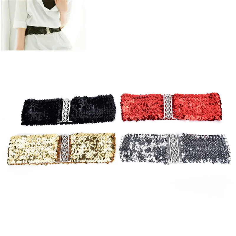 

Gold/Black/ Wide Stretch Belt Cummerbund High Metallic Sequin Women Dress Shinny Belts For Women Girls
