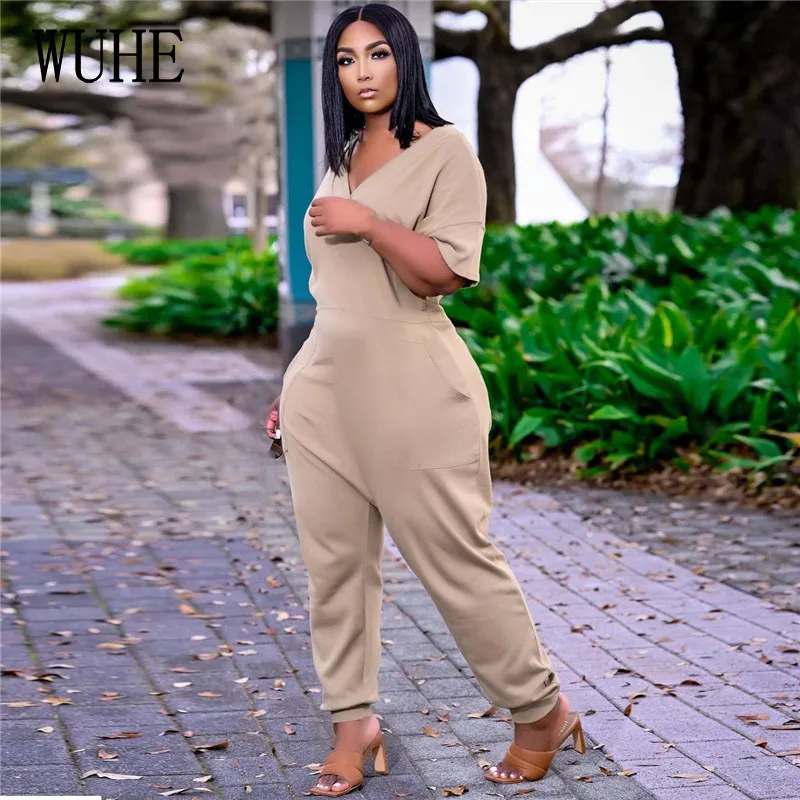 

WUHE S-5XL Streetwear Jumpsuits Short Sleeve Deep V Neck Sexy Hollow Out Pockets Pleated Stacked Casual Women Party Overalls