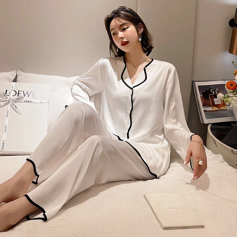 

Ruffle White Silk Satin Pajamas Pink Star Plus Size Cow Korean Roomwear Shirt Women Nightwear Pajama Set Button Up Pajama Set