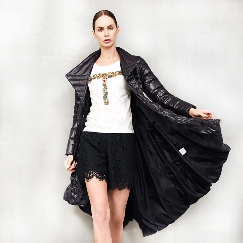 [EAM] Loose Fit Big Hem Asymmetrical Down Jacket New Lapel Neck Long Sleeve Warm Women Parkas Fashion Autumn Winter 1A407