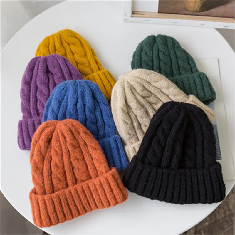 

Новинка, вязаные шапки карамельных цветов для женщин, Шерстяная Шапка-бини в стиле K-POP, женская шапка на осень и зиму, теплая зимняя шапка