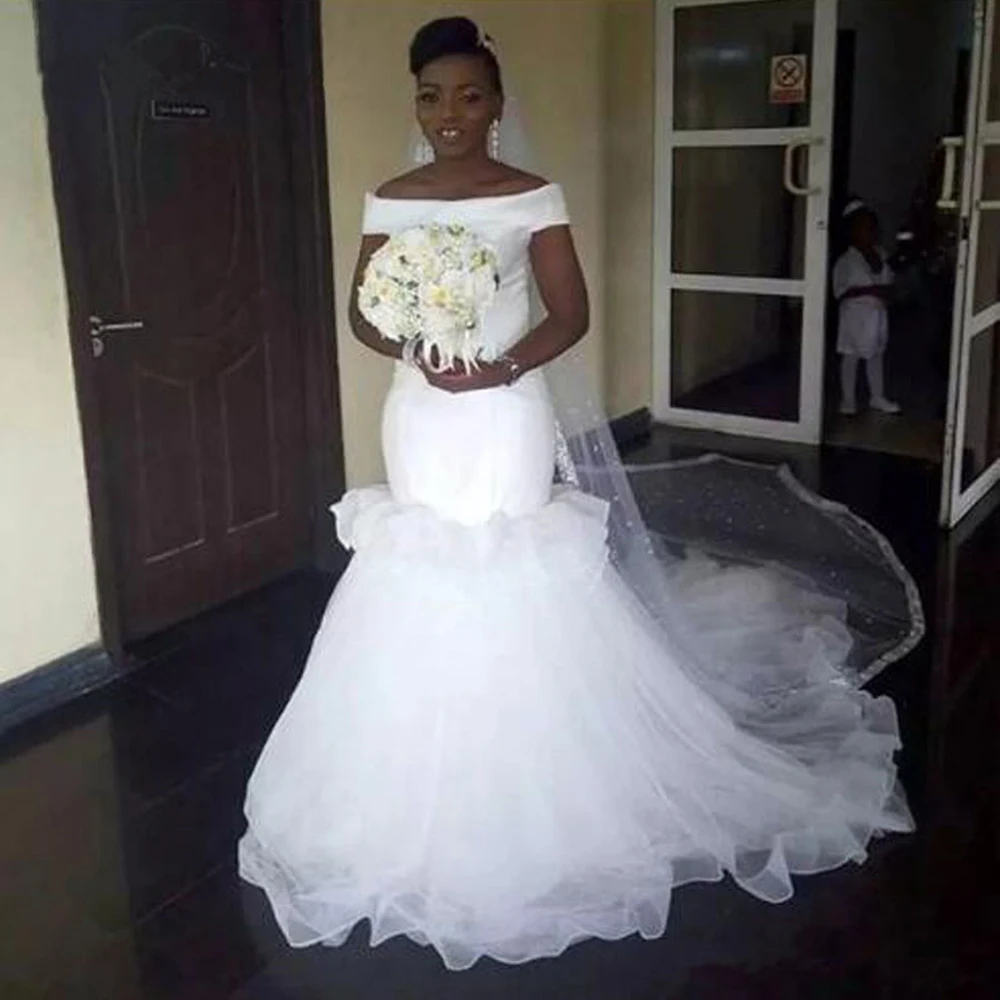 

Simple Design Africa Elegant Satin Mermaid Wedding Dresses New 2019 Off Shoulder Tulle Train Plus Size mariage bride dress