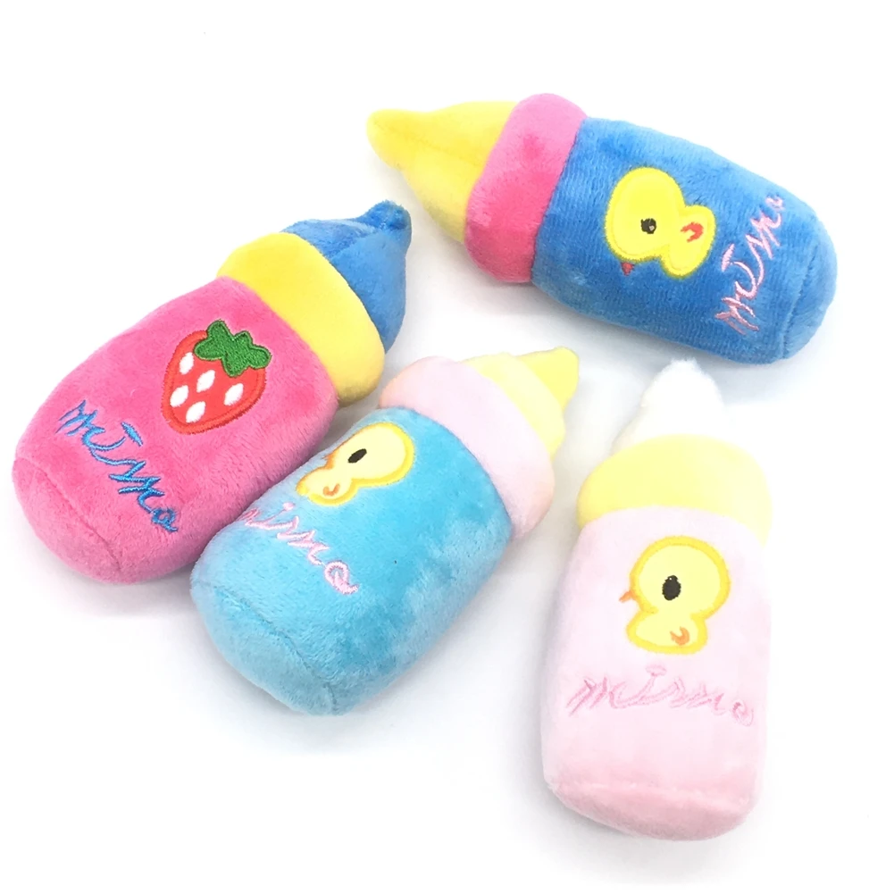 

Plush Milk Bottle Pet Chew Squeaky Toy Lovely Embroidery Stuffed Dog Puppy Molar Bite Toys Small Dog Chewing Play Sounding Toys