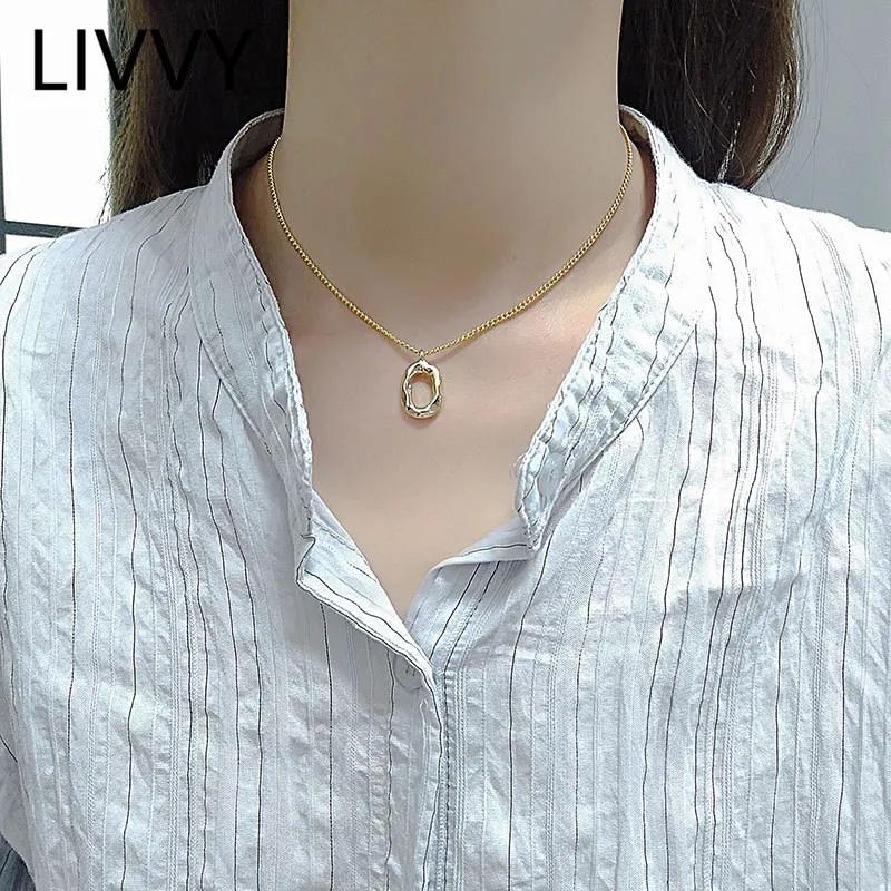 

LIVVY Silver Color Ellipse Hollow Geometry Pendant Necklace for Women Couples Birthday Party Jewelry Gifts