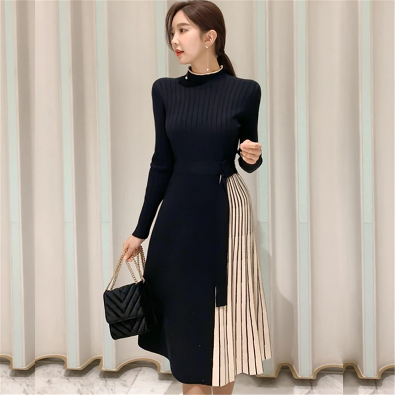 

Korean Style Women High Quality Solid Knit Slim Sweater Dress 2021 Autumn Winter New Office Lady O-Neck Long Sleeve A-Line Dress