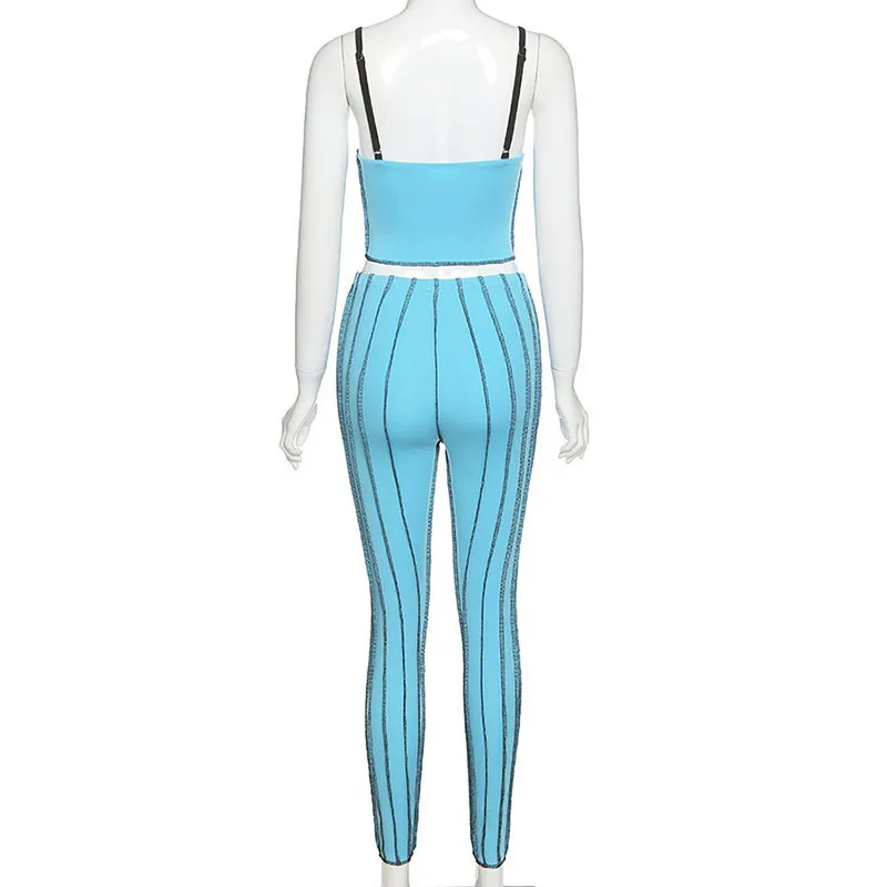 

Neon Fitness Sportwear 2 Two Piece Set Women Workout Suit Sexy V-Neck Camisole Leggings Outfits Active Wear Blue Sport Suit 2020