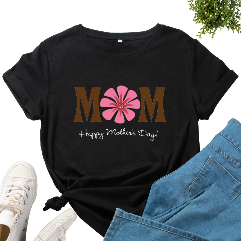 

Mom Flower Graphic Tee for Women Woman Cotton Print T Shirts Short Sleeve Crew Neck Summer Top Female Clothes Happy Mother's Day