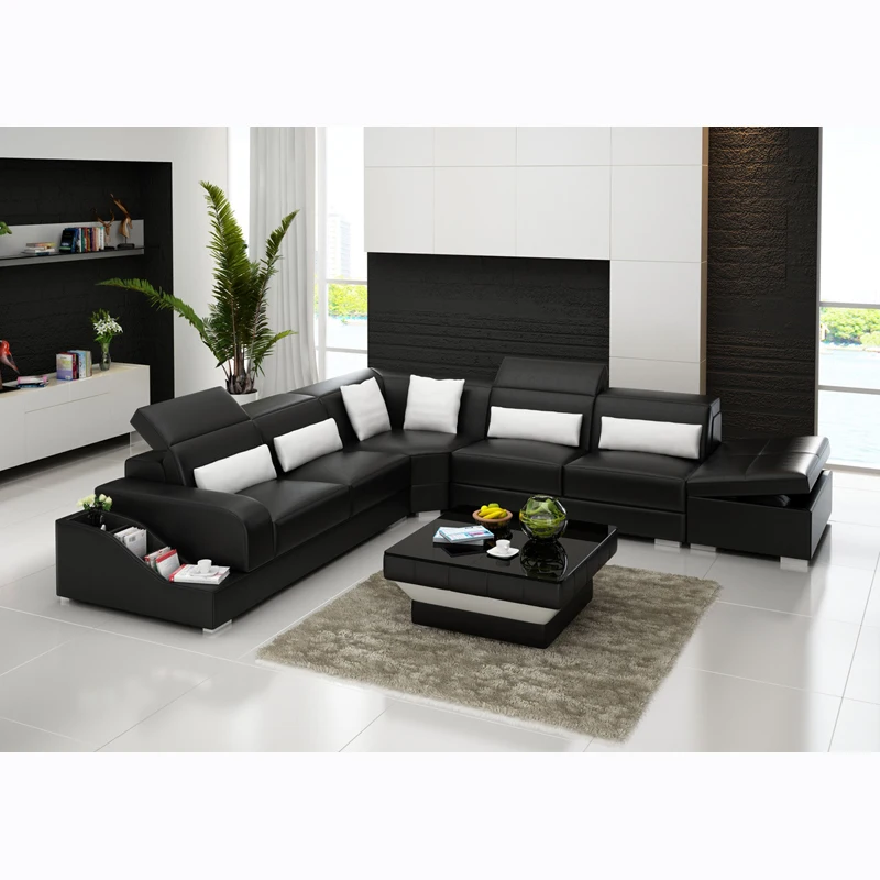 Современная мебель для гостиной черный кожаный диван в форме L | Мебель