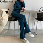 ColorfaithНовинка 2021 года; Сезон осень-зима; Женские комплекты из двух предметов; Свитера; Трикотажные пуловеры; Широкие брюки; Теплые костюмы с разрезом; WS3263