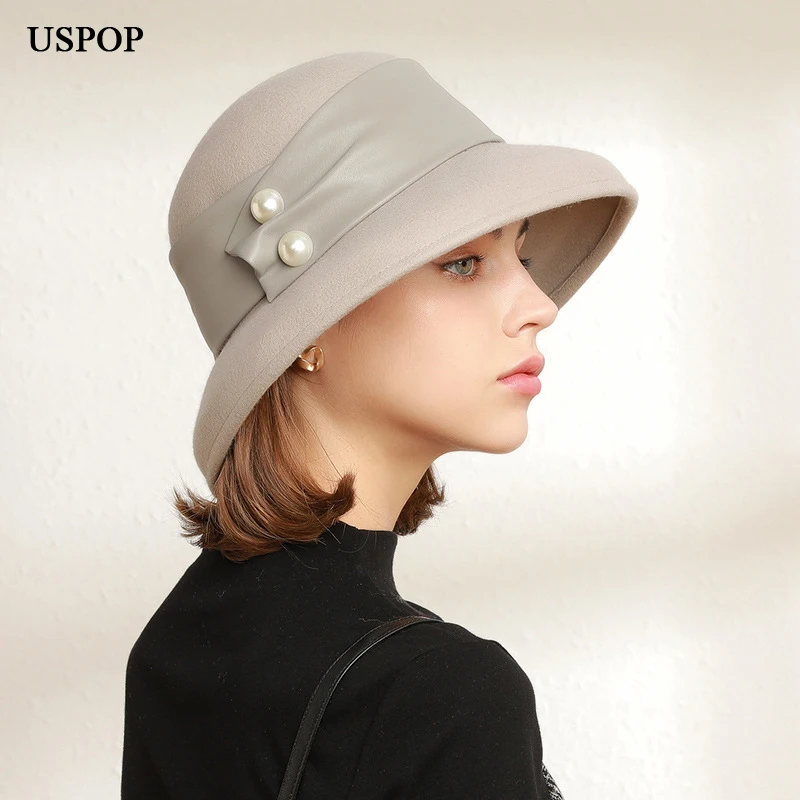 USPOP New 2021 Winter Women Wool Fedoras with Belt 100% Geniue Retro Elegant Wool Hat