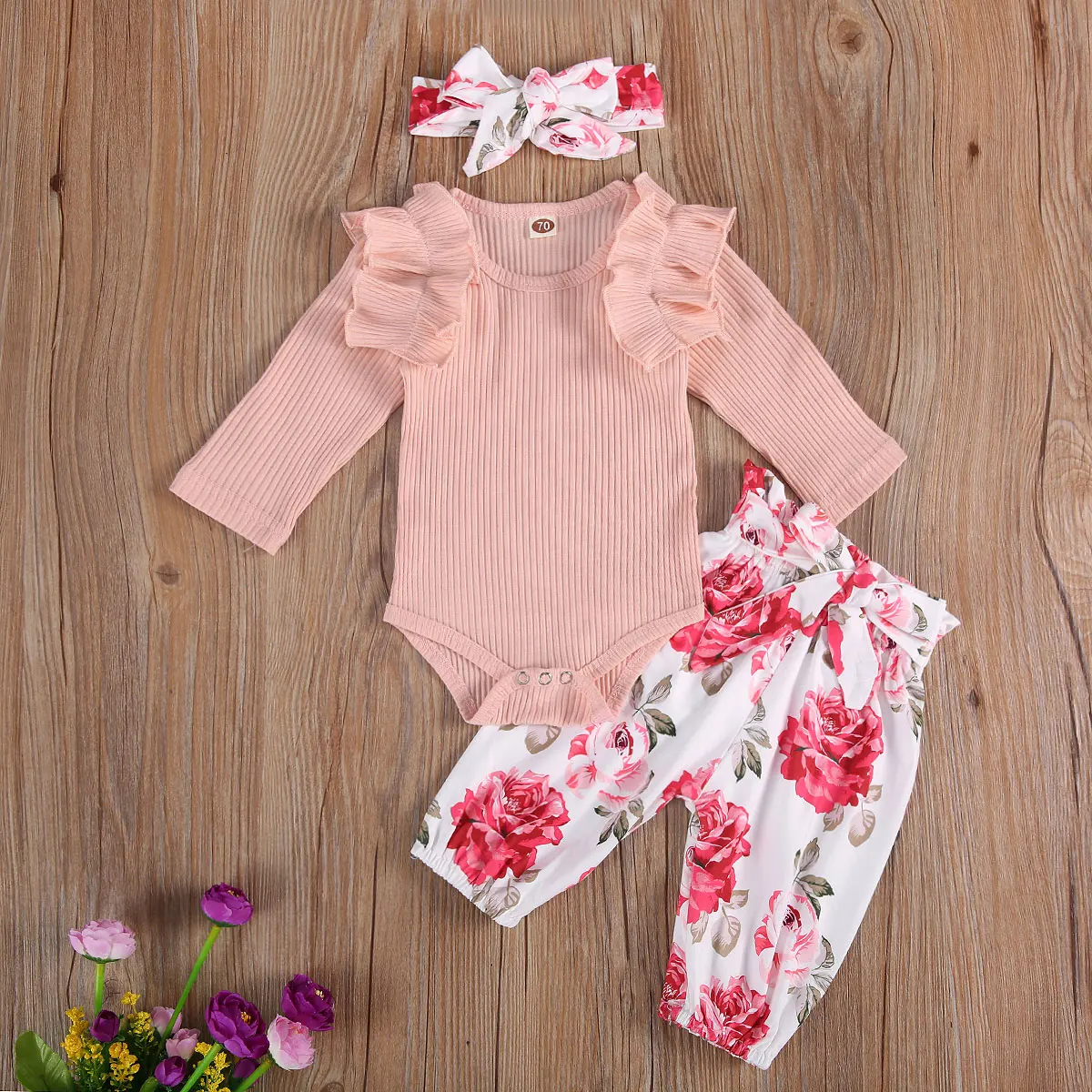 

2020 Infant Baby Girls 3Pcs Autumn ClothesCasual Long Sleeve Bodysuit+Flower Pattern Bow Pants+Headband