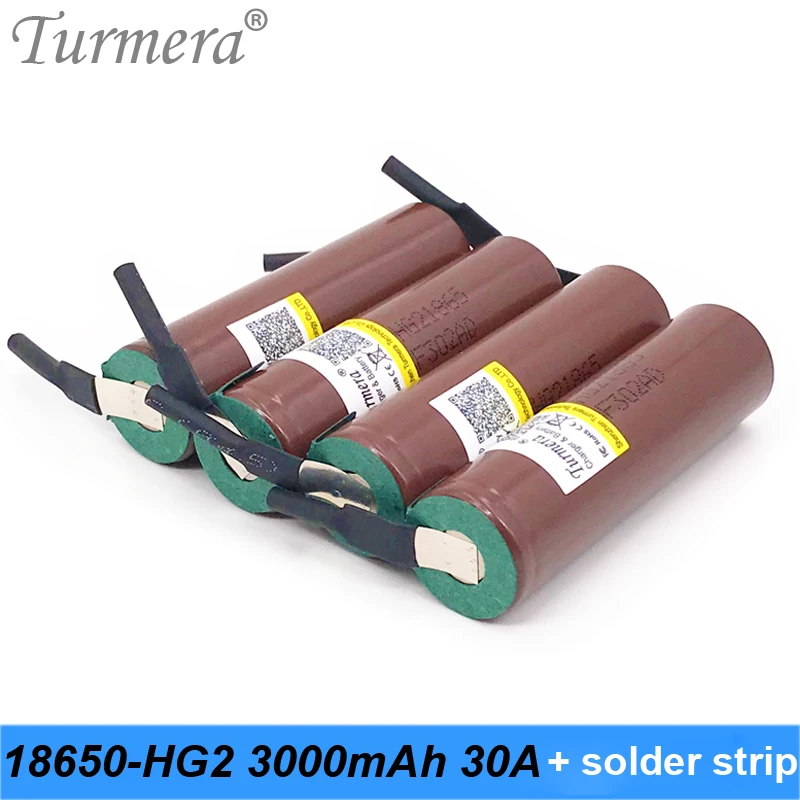 Turmera original inr18650 hg2 18650 3000 мАч 30a с пайкой для шуруповерта и аккумулятора