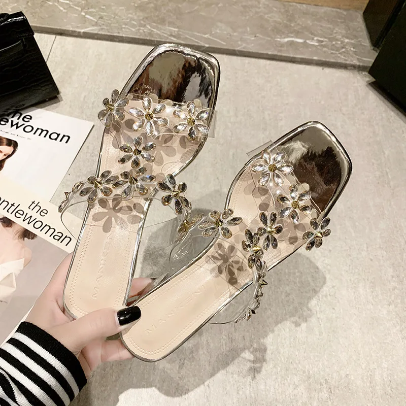 

Сандалии женские на высоком каблуке, босоножки с кристаллами, модная обувь на устойчивом каблуке, тапочки с открытым носком, лето 2021