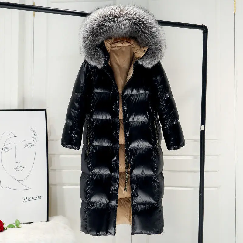 Washable glossy black white duck down down jacket for women 2021 New thickened loose coat with large beautiful real fur collar