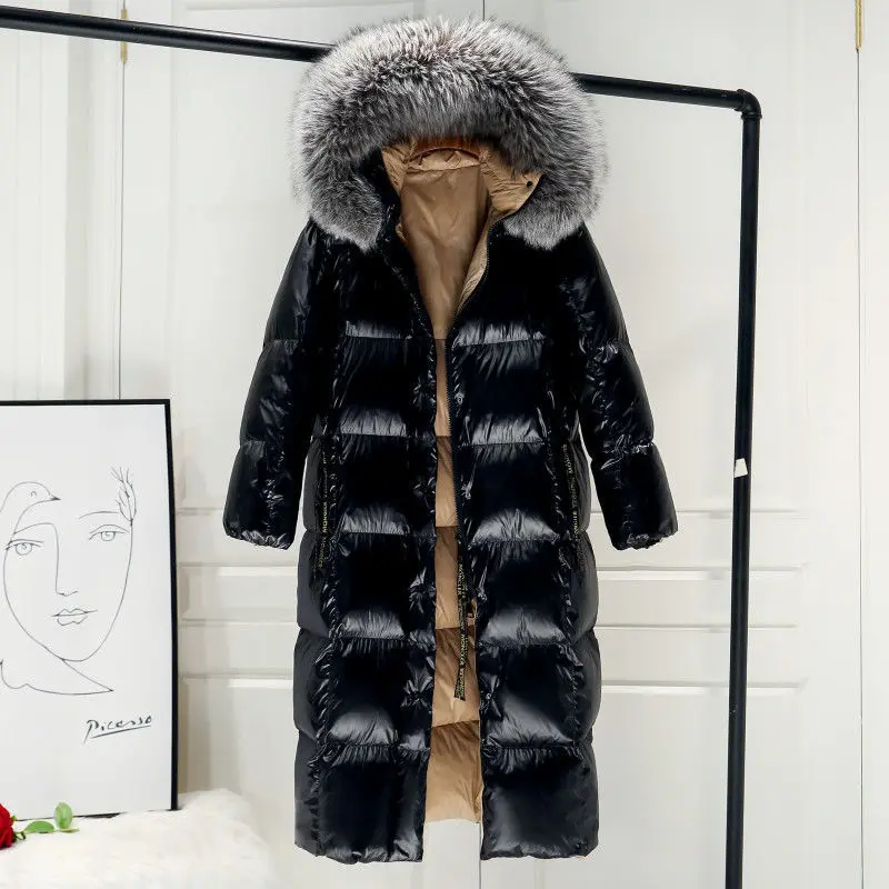 

Washable glossy black white duck down down jacket for women 2021 New thickened loose coat with large beautiful real fur collar