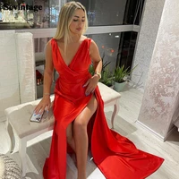 sevintage red satin beach evening dresses high split v neck formal dress long women party prom gowns night outfits custom made