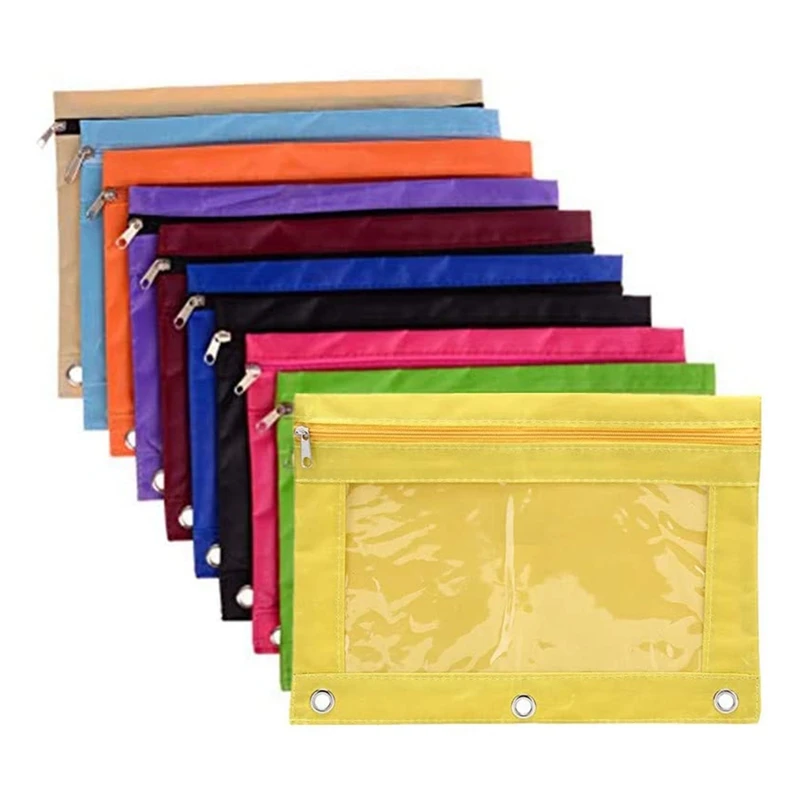 

10 Pack 3-Ring Pencil Pouch, Zipper Pen Pouches in Assorted ColorsCloth Pencil Case for Office College School Supplies