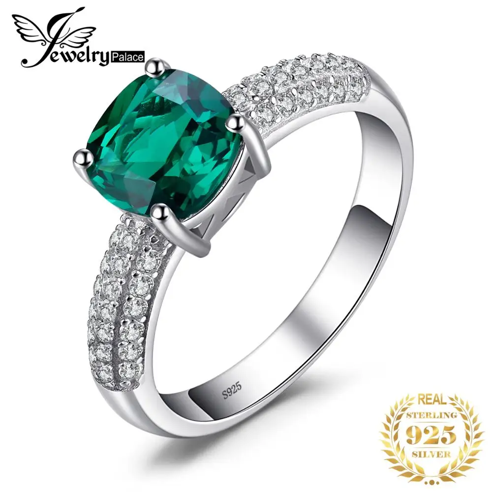 

JewelryPalace Cushion Green Simulated Nano Emerald Ring 925 Sterling Silver Gemstone Solitaire Engagement Rings for Women