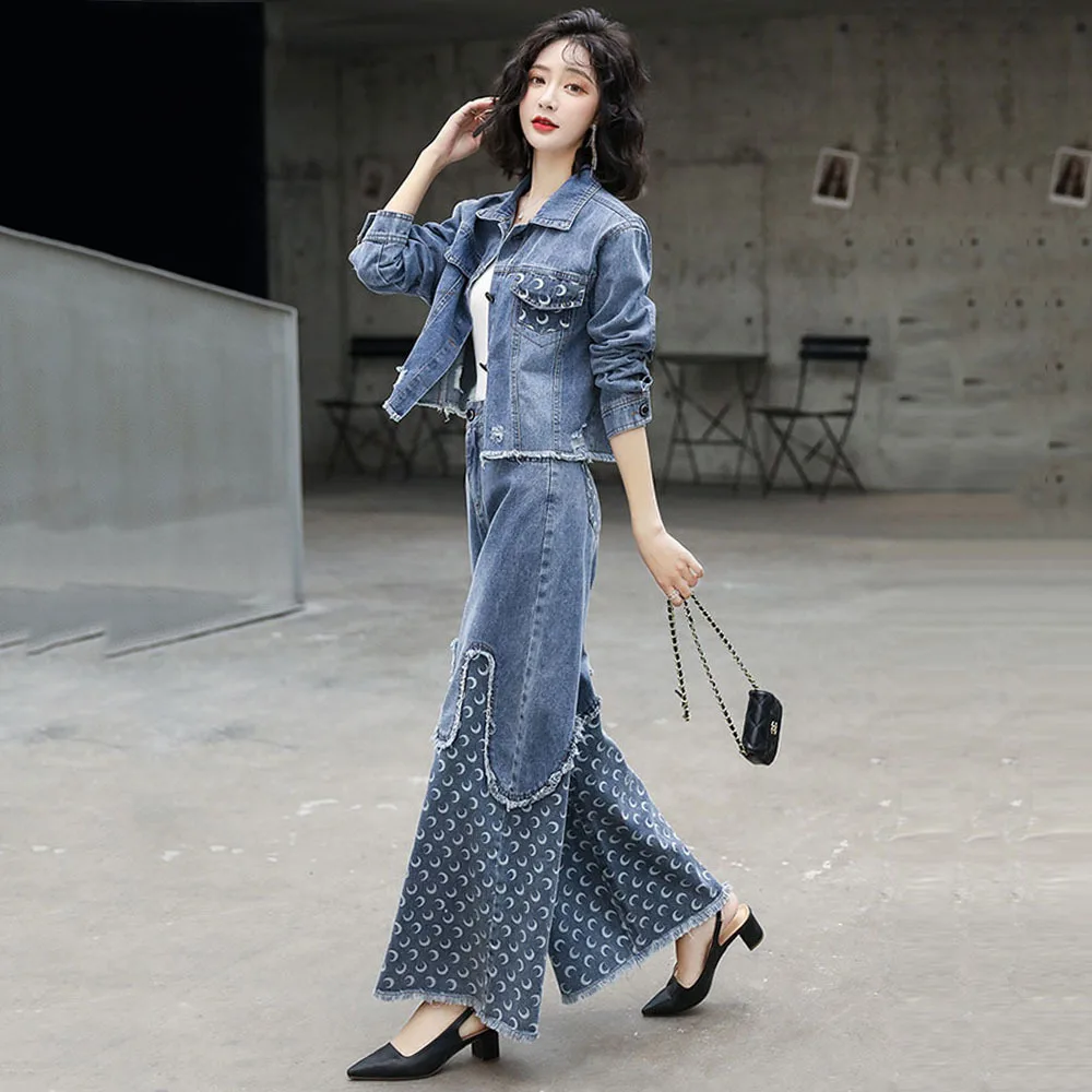 Модный костюм из джинсовой ткани с широкими штанинами для женщин весна осень