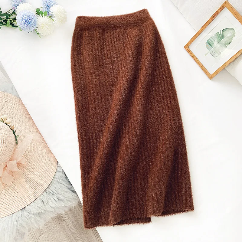 2019 шерстяная Вязанная женская зимняя облегающая юбка миди с высокой талией