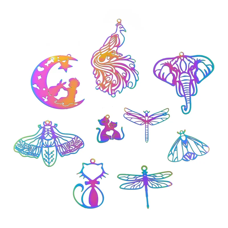 

6PCs Hollow Animal Peacock Cat Filigree Stamping Pendants Stainless Steel Feather Purple Blue AB Charms For DIY Jewelry Making