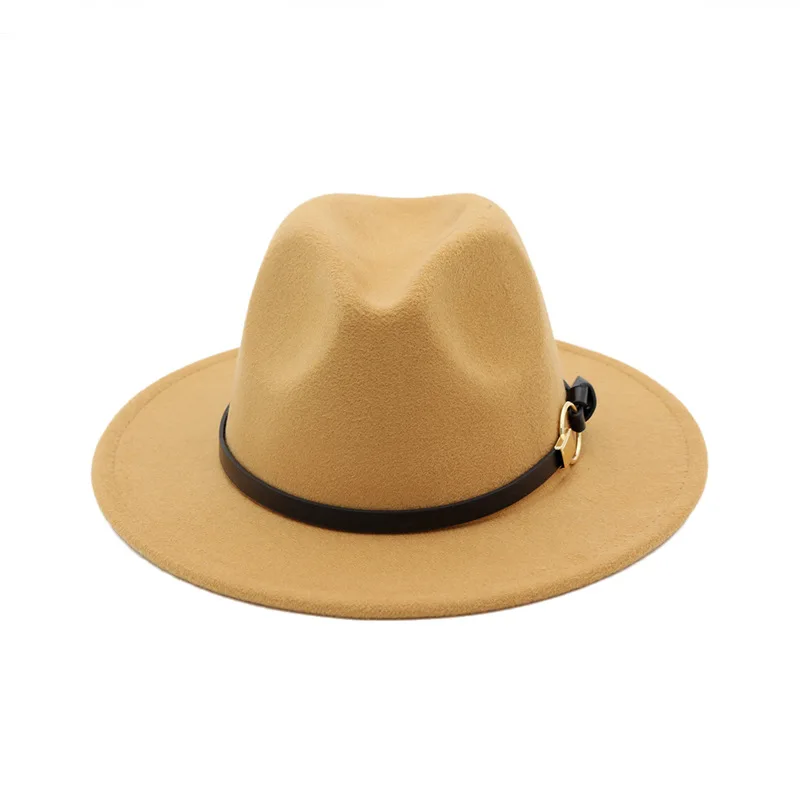 

European Wide Brim Cowboy Felt Hat Panama Trilby Jazz Fedora Hats with Leather Buckle Plain Ribbon Woolen Chapeau for Women