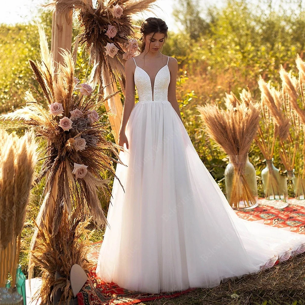 

V-Neck Spaghetti Straps Wedding Dress Robe De Mariee 2021 Haute Couture Bridal Gowns Women Backless Appliques Brides Dresses