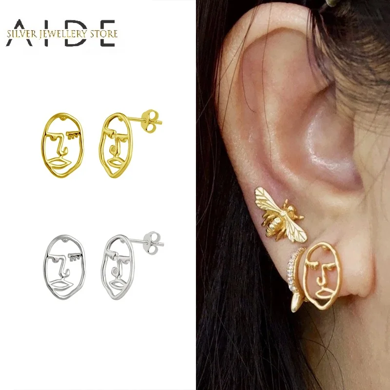 

AIDE Minimalism INS Hollow Face Stud Earrings for Women Fashion Irregular Glossy Pierced Earings Silver 925 Jewelry kolczyki