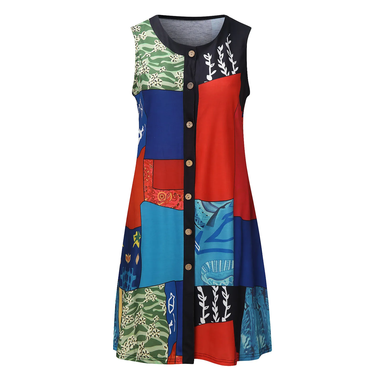 

40# Patchwork Dress Women Sleeveless O-neck Tank Dress Vintage Button Dress Women Office Lady Elegant Dresses For Women 2021