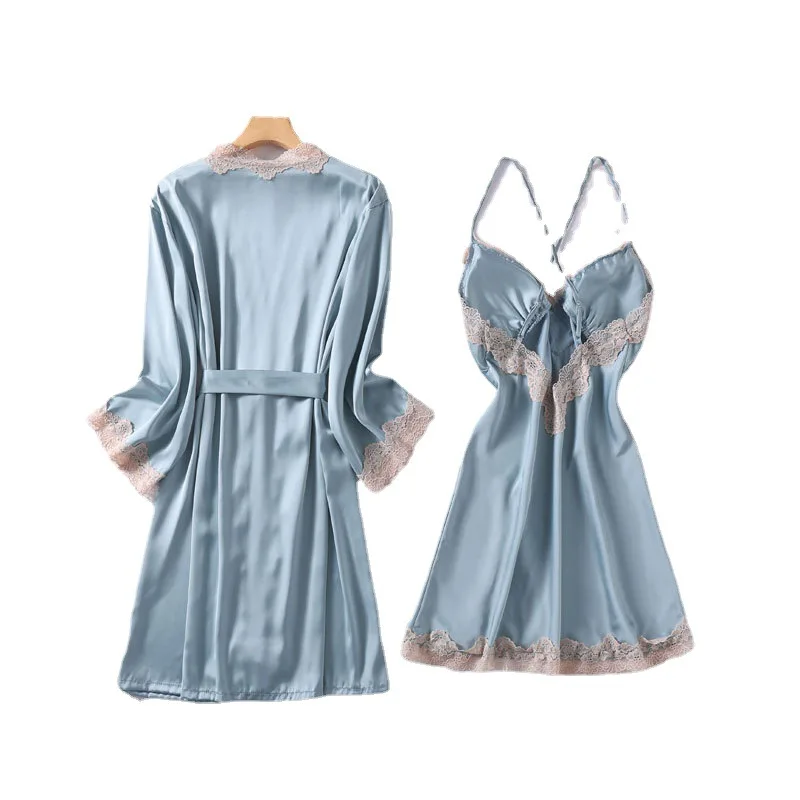 

Summer Kimono Bathrobe Gown Sexy Patchwork Lace Trim Wedding Robe Set Nightgown Lady Sleepwear Thin Faux Silk Home Dressing Gown