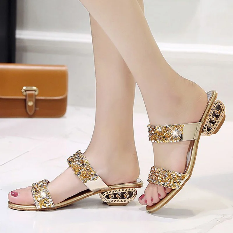 

Shining Sequin Slippers Women Summer Luxury Golden Square Heel Party Shoes Slides Woman Open Toe Med Heels Beach Shoes