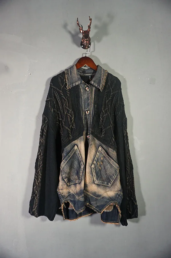

Oversized Denim Jacket Women Knitted Sleeve Patchwork Autumn Female Jean Coat Retro 2020 Fall Jackets for Girls Korean LT977S50