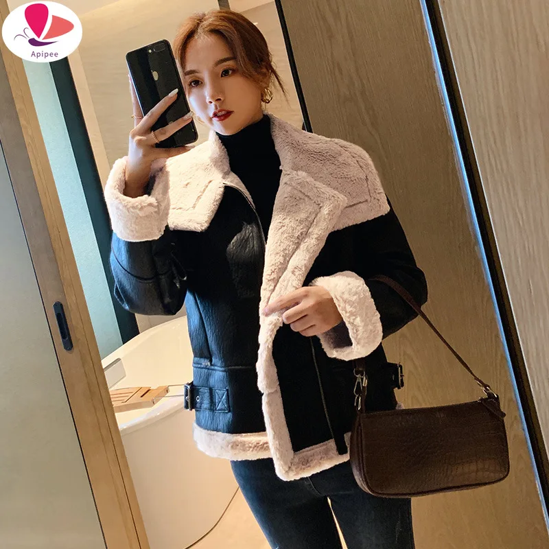 

Осенне-зимняя кожаная куртка, Женское пальто из искусственного меха, Женская облегающая короткая Байкерская мотоциклетная куртка, базовая ...