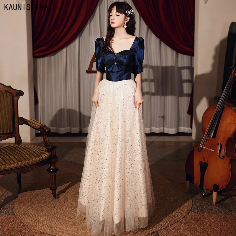 

KAUNISSINA Длинные вечерние платья с коротким рукавом милое платье для официального события женское элегантное платье на пуговицах с блестками в стиле знаменитостей Вечерние Выпускные платья