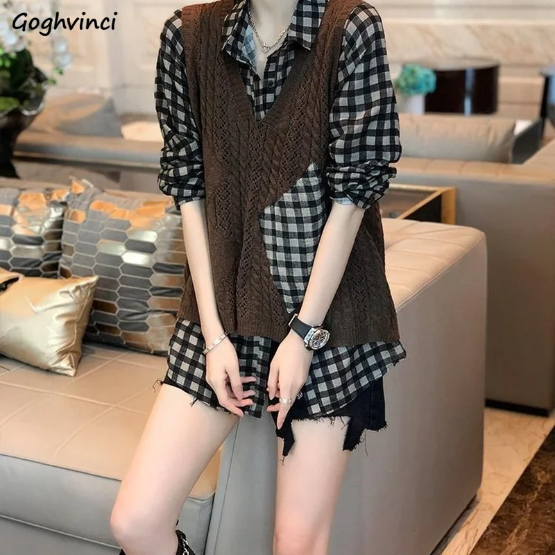 

Sets Women Early Autumn New Fashion Knitting Argyle-hole Sweater Vest Plaid Shirts Casual Design All-match Temperament Outfit
