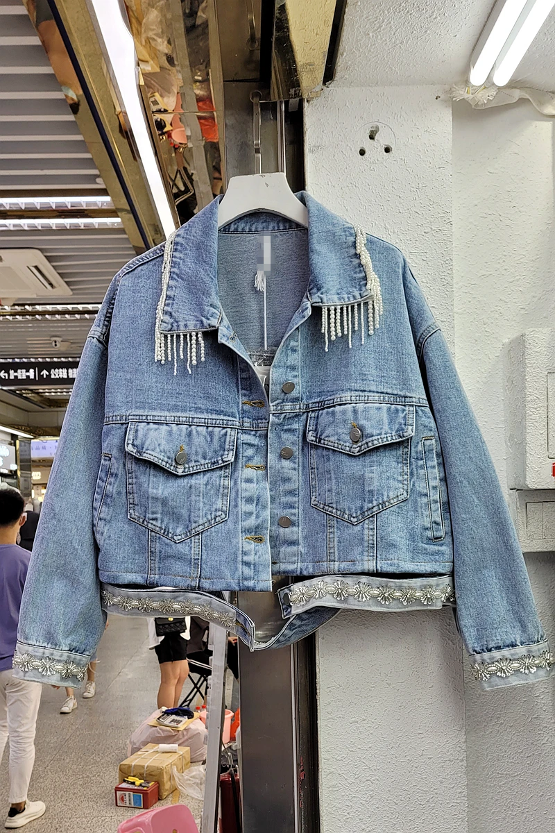 

2021 Autumn New Women Fashion Beaded Tassel Collar Denim Jacket Long-Sleeved Rhinestone Loose Top Coat
