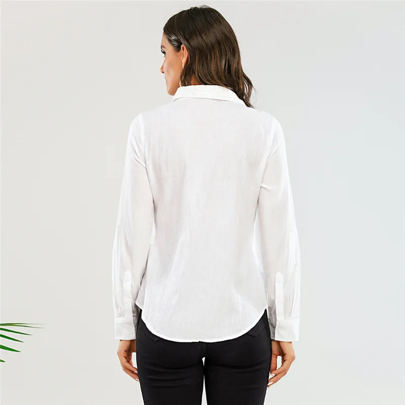 

Ladies Buttoned White Shirt with Pockets Women Turn-Down Collar Solid Regular Full Sleeve Tops and Blouses OL Female