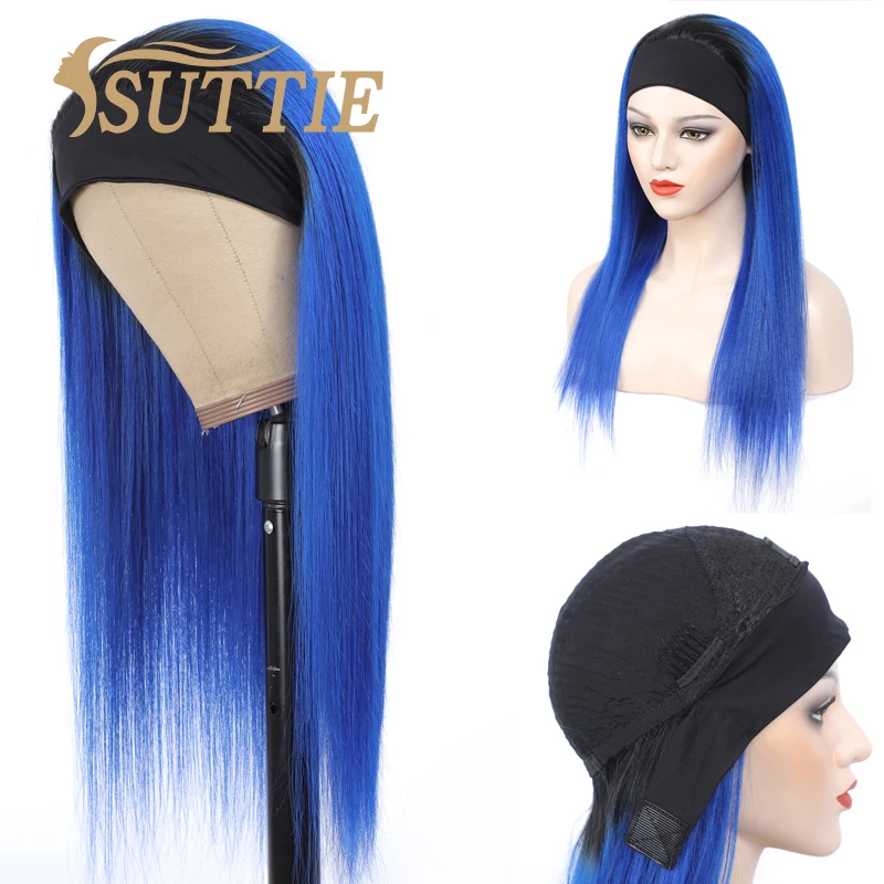 

Suttie Straight Headband Wig Human Hair Omber 1b Blue Pink Brazilian Virgin Human Hair Full Machine Made Wigs For Black Women