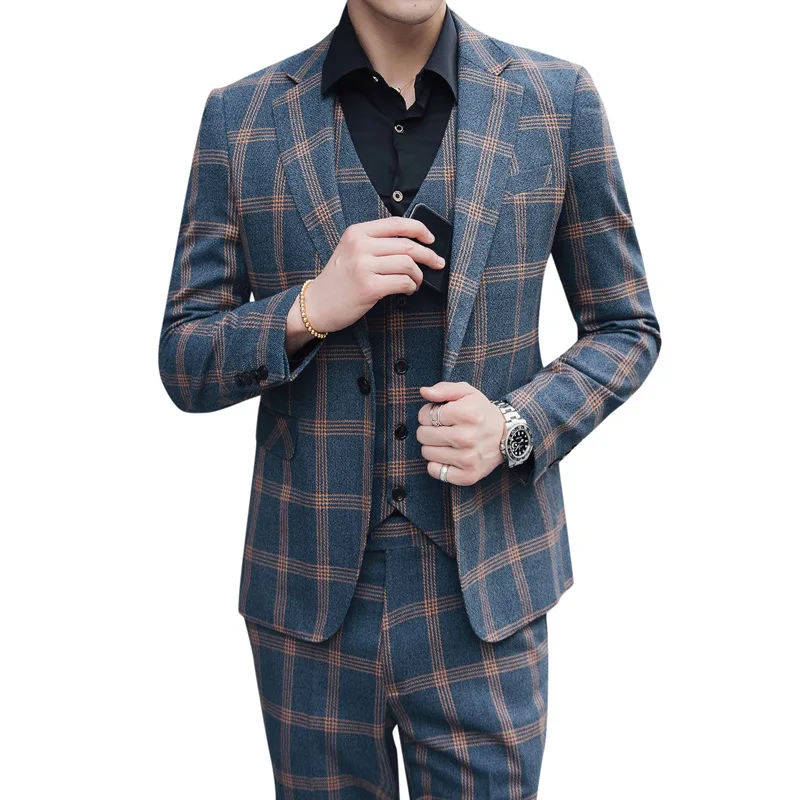 

plus size 4XL 5XL 3 Pieces Men Suit Slim Fit Mens Plaid Suits Groom Wedding Suit High Quality Men's Formal Suits with Pants