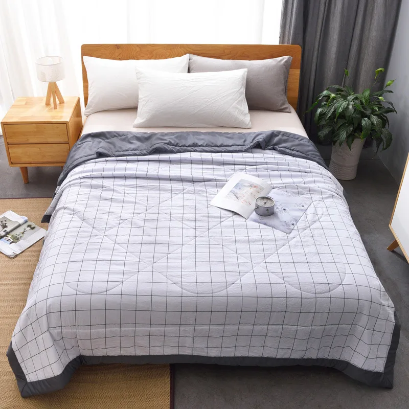 

Simple Summer Air-conditioning Quilts Washed Cotton Lattice Stripe Breathable Bed Cover Throw Quilt Blanket for Home Comforter