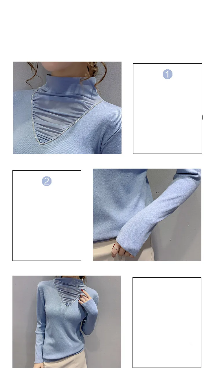 

Fall Winter Knitted Sweater European Clothes Elegant Women Fashion Sexy Heaps Collar Patchwork Mesh Pullover Tops 2021