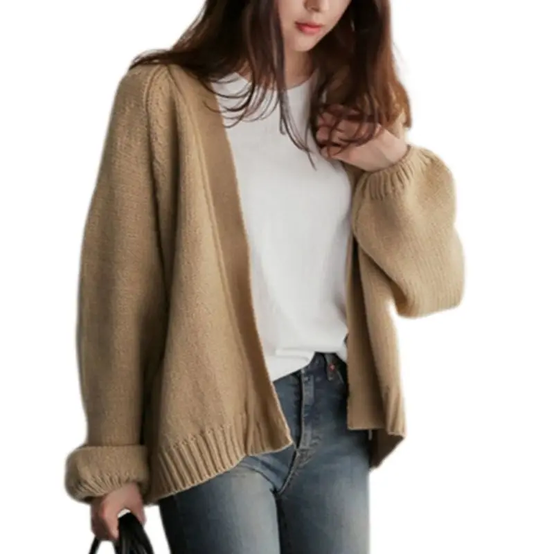 Womens Long Puff Sleeves Open Front Cardigan Tops Crochet Knitted Solid Color Short Sweater Coat Lounge Casual Loose Outwea |