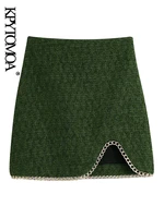 kpytomoa women chic fashion with chain detail front slit mini skirt vintage high waist back zipper female skirts mujer