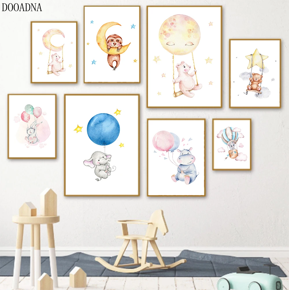

Kindergarten cute posters, murals, rabbits, hippos, animals, balloons, canvas paintings, children's images, baby room decoration
