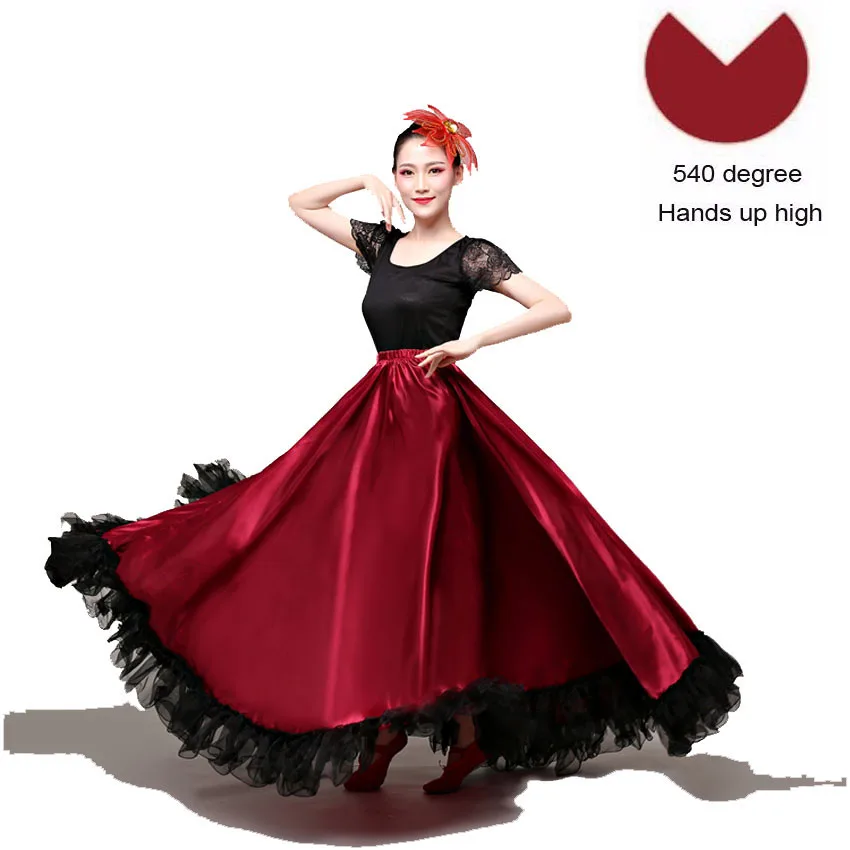 Wine Red 540 Degree Испанский бой быков танец фламенко юбка бальное искусство стиль женское атласное платье Цыганский красный сценический костюм - Цвет: Wine Red 540 Degree