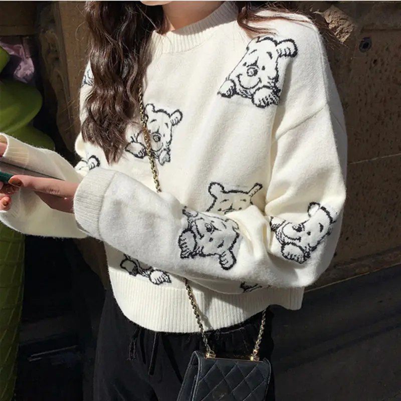 Women Cute Crop Sweater Top 2019 Autumn Crew Neck Long Sleeve Short Knit Pullovers Sweaters Bear Jacquard Loose Jumper | Женская одежда