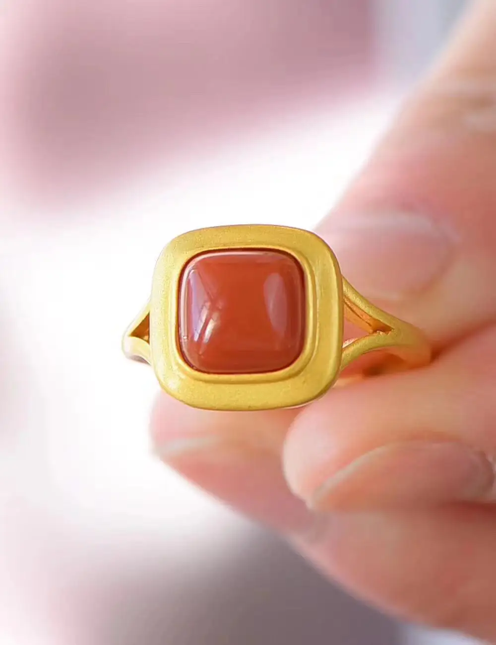 

Authentic 925 Sterling Silver Thick Plated Gold Ring Elegant Natural Agate Gemstone Adjustable Square Ring Women's High Jewelry