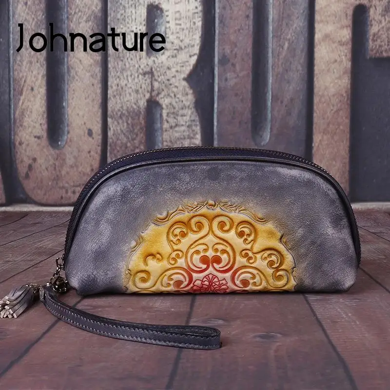 

Johnature Retro Embossed Genuine Leather Women Clutch Bag 2022 New Casual Nature Cowhide Floral Zipper Ladies Hand Wallet