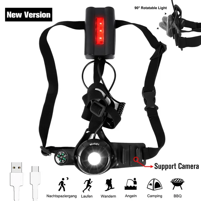 New Black WEST для бега и езды на велосипеде светильник 2200 мАч USB зарядка ночное Предупреждение передний нагрудный Светильник Велоспорт Рыбалка Туризм Кемпинг лампа велосипедный светильник - Цвет: New Black
